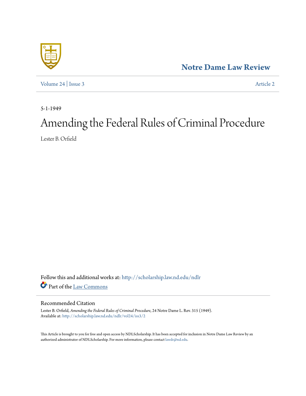 Amending the Federal Rules of Criminal Procedure Lester B