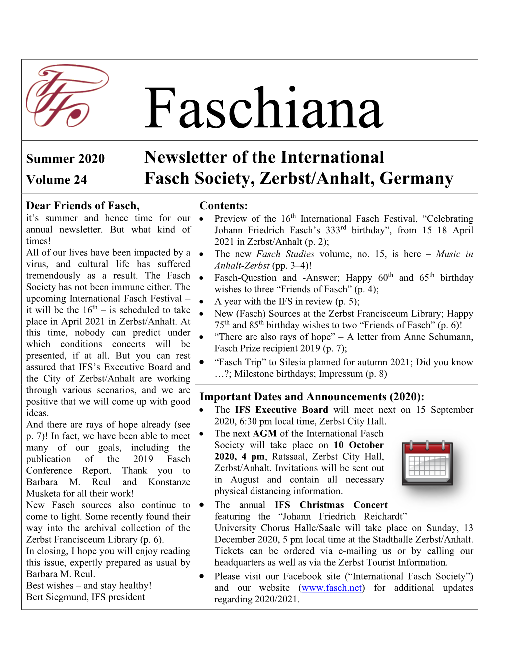 Faschiana Summer 2020 Newsletter of the International Volume 24 Fasch Society, Zerbst/Anhalt, Germany