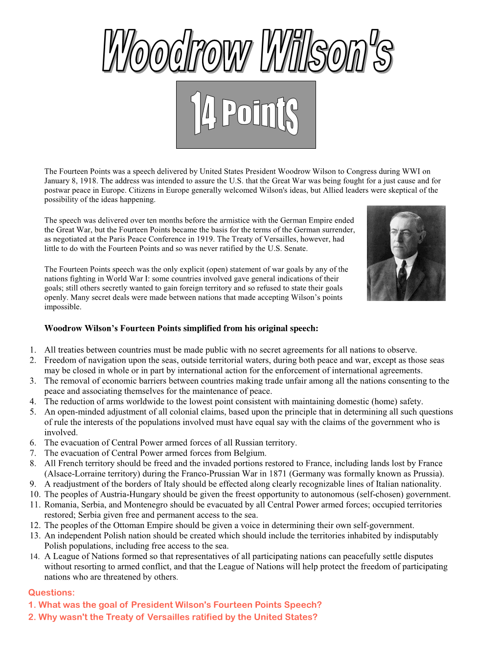 Woodrow Wilson's Fourteen Points Simplified From