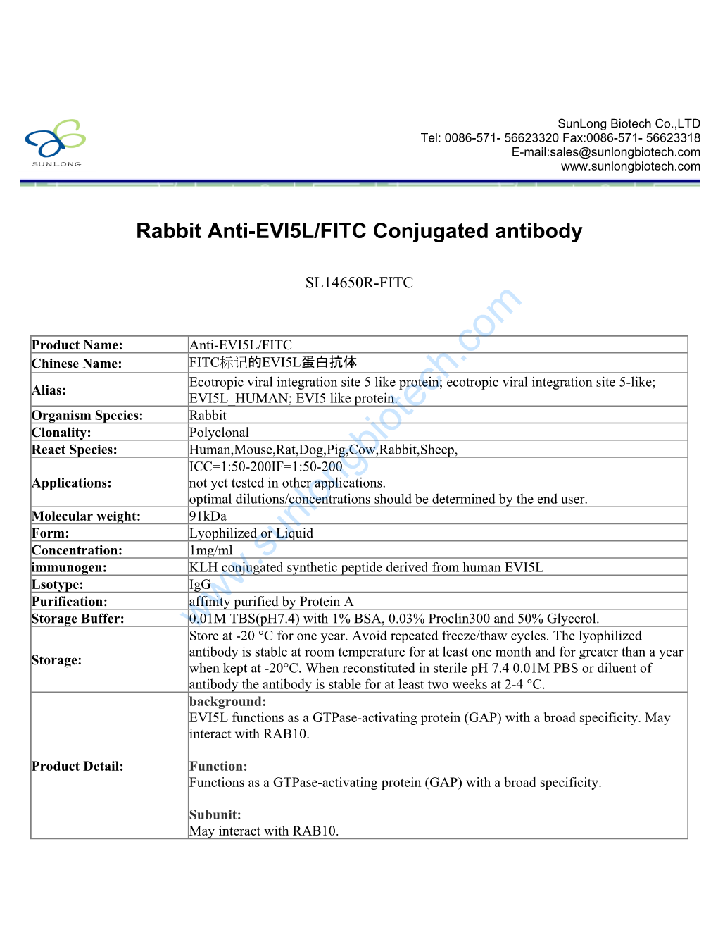 Rabbit Anti-EVI5L/FITC Conjugated Antibody