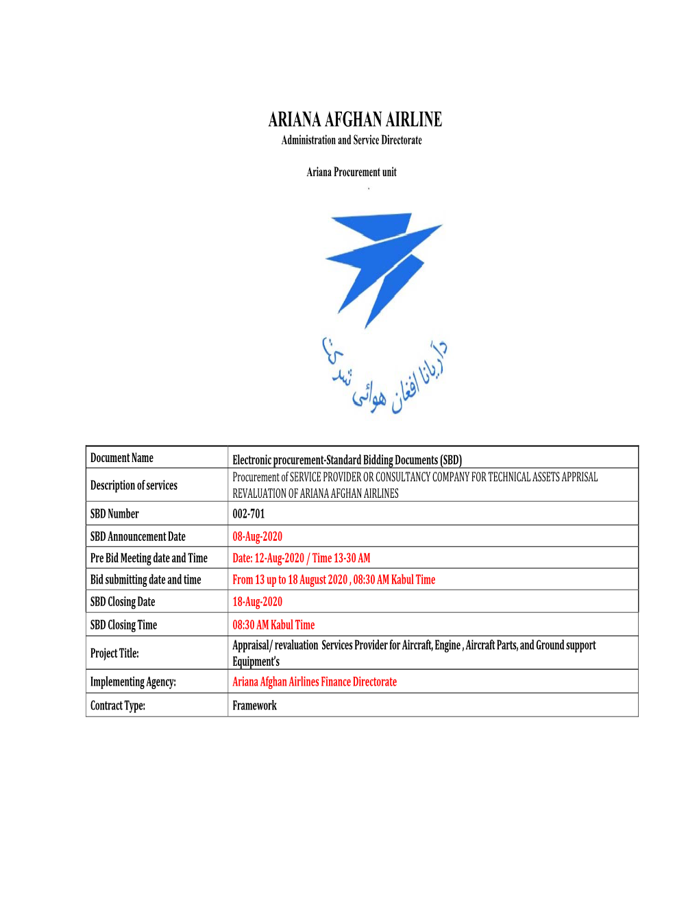 Ariana Afghan Airlines