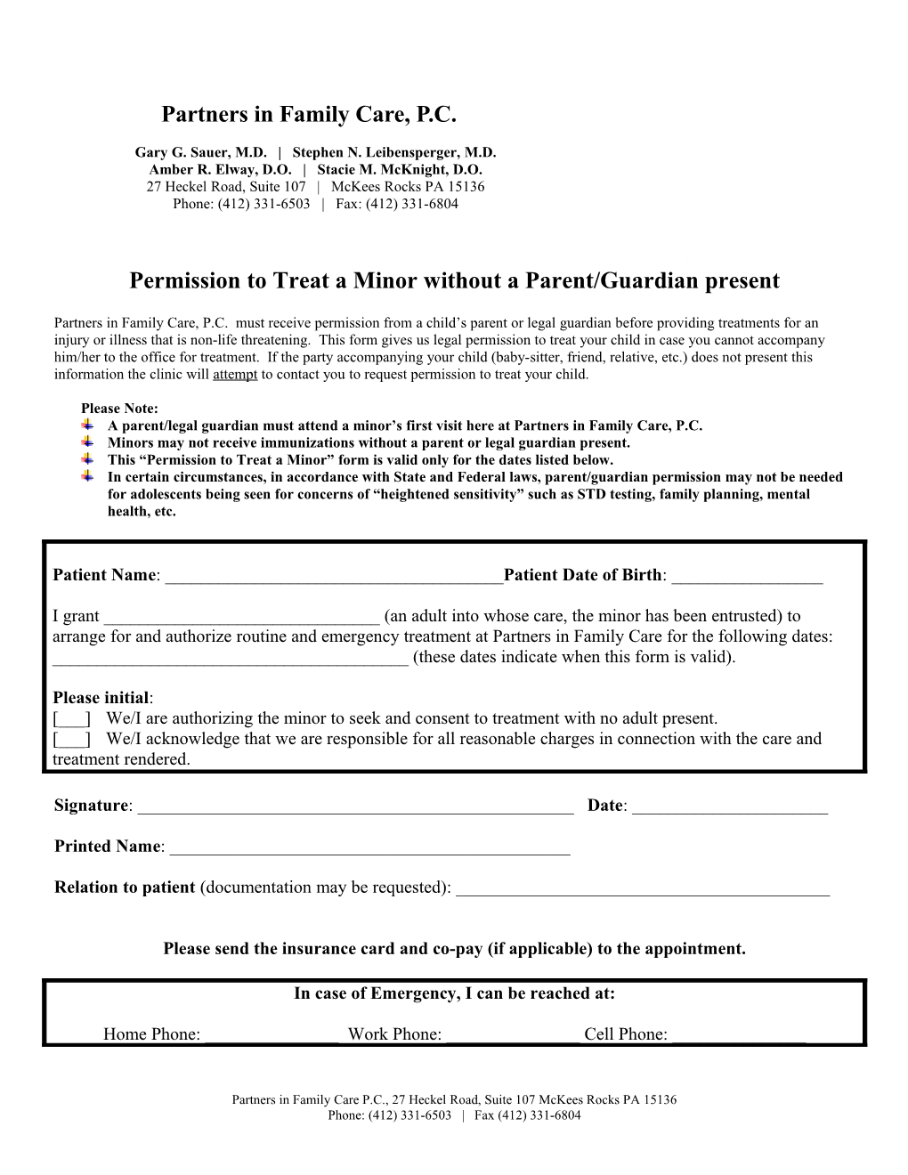 Permission to Treat a Minor Without a Parent/Guardian Present