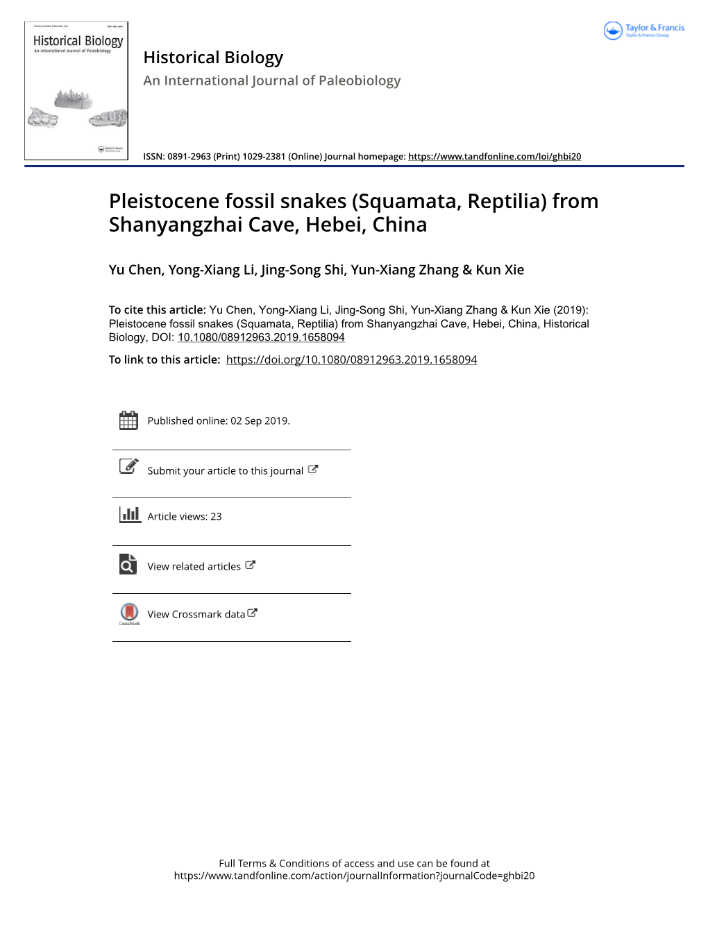 Pleistocene Fossil Snakes (Squamata, Reptilia) from Shanyangzhai Cave, Hebei, China