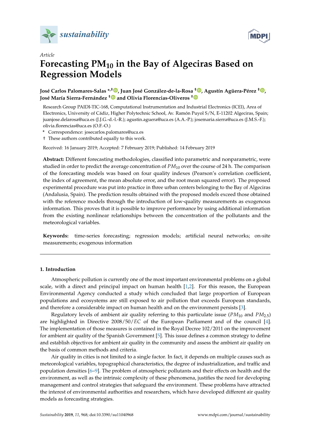 Forecasting PM10 in the Bay of Algeciras Based on Regression Models