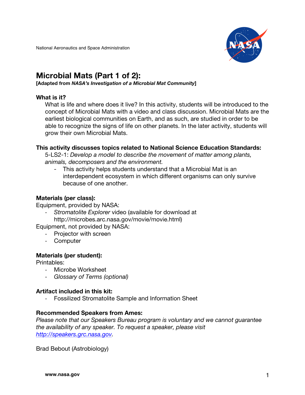 Microbial Mats (Part 1 of 2): [Adapted from NASA’S Investigation of a Microbial Mat Community]