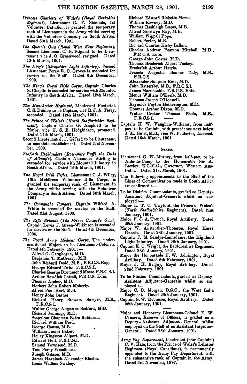 THE LONDON GAZETTE, MARCH 29, 1901. 2199 Rrincess Charlotte of Walefs (Royal Berkshire Richard Edward Ricketts Morse