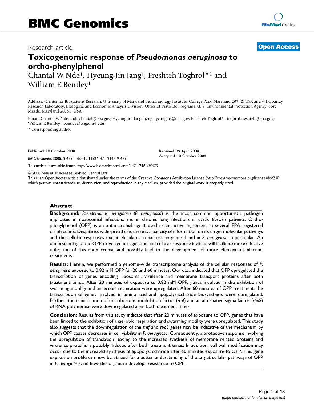 Toxicogenomic Response of Pseudomonas Aeruginosa to Ortho-Phenylphenol Chantal W Nde1, Hyeung-Jin Jang1, Freshteh Toghrol*2 and William E Bentley1