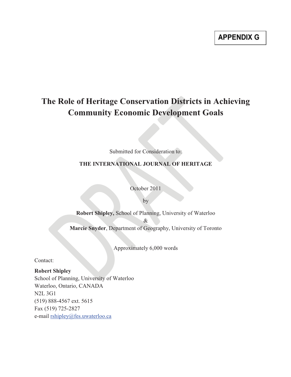 The Role of Heritage Conservation Districts in Achieving Community Economic Development Goals