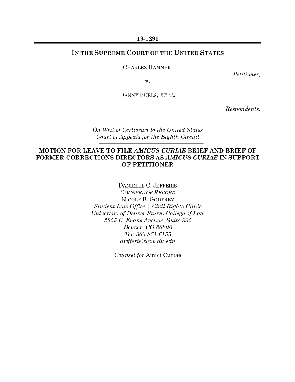 19-1291 Petitioner, V. Respondents. on Writ of Certiorari to the United