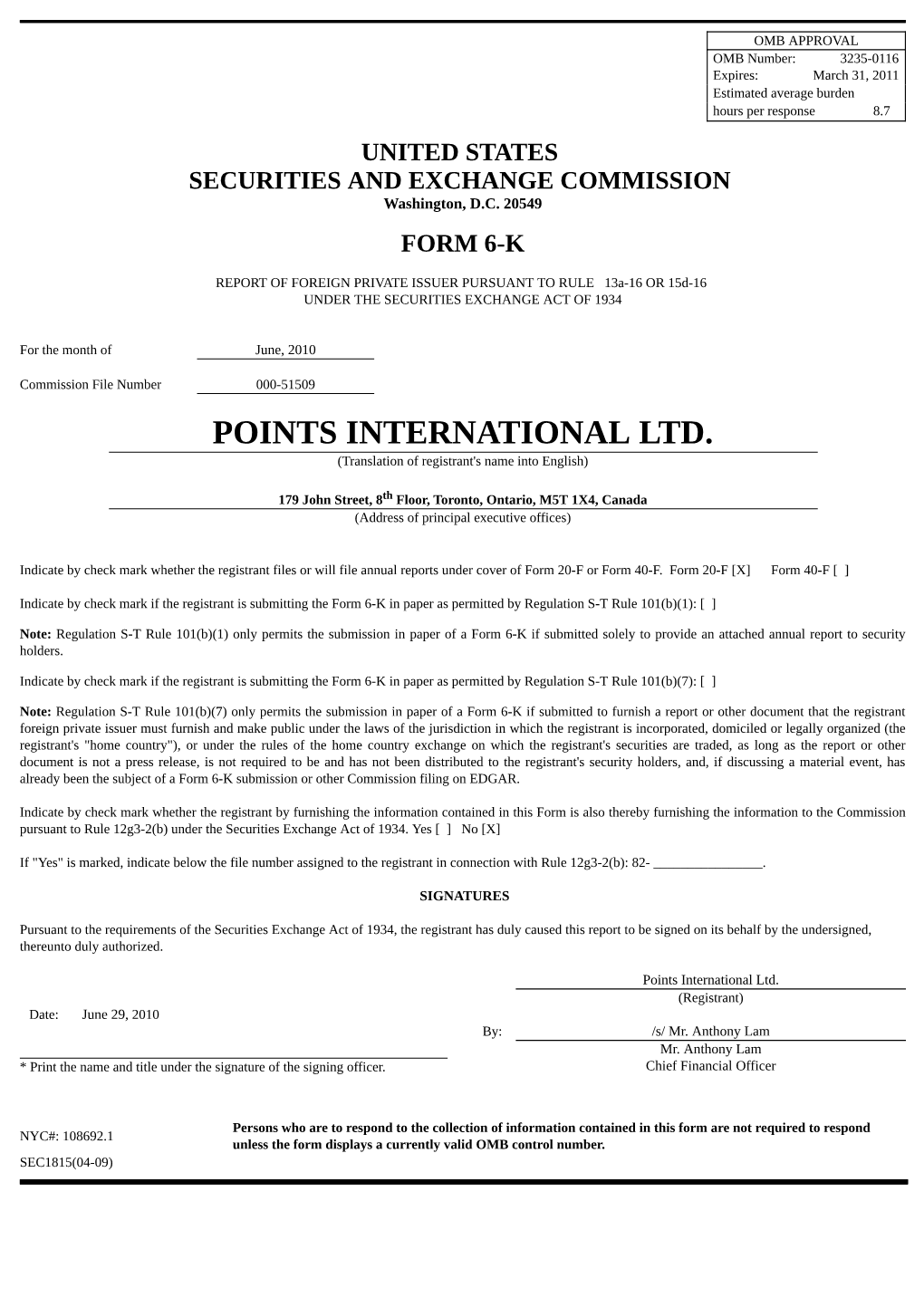 POINTS INTERNATIONAL LTD. (Translation of Registrant's Name Into English)