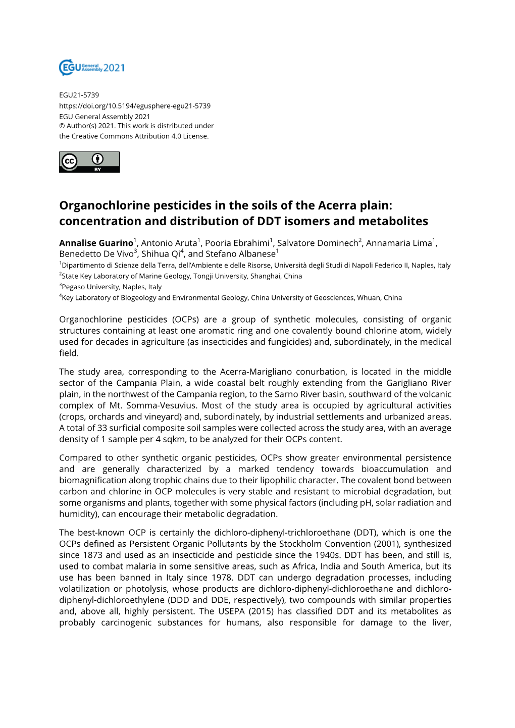 Organochlorine Pesticides in the Soils of the Acerra Plain: Concentration and Distribution of DDT Isomers and Metabolites