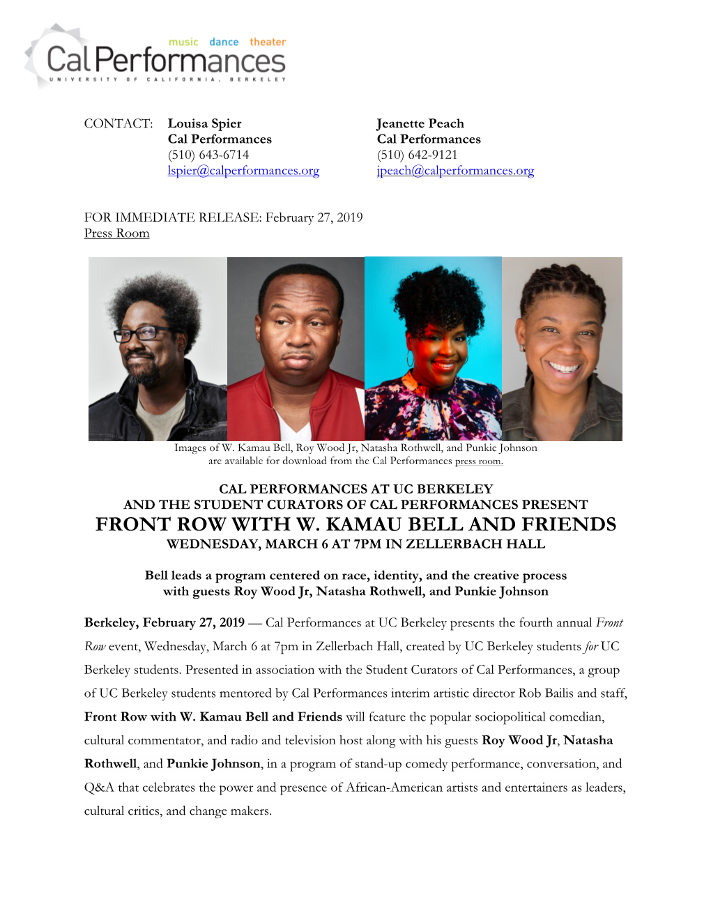 Front Row with W. Kamau Bell and Friends Wednesday, March 6 at 7Pm in Zellerbach Hall