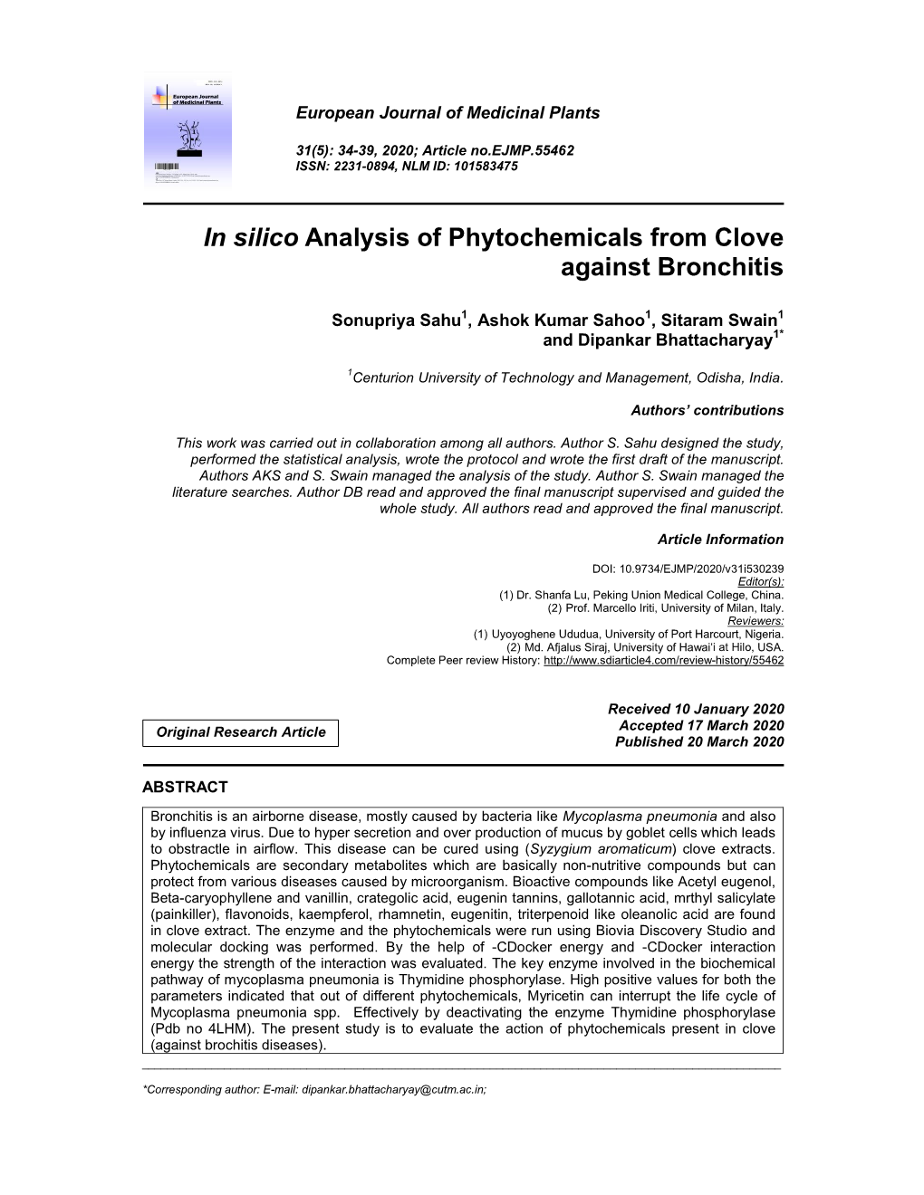 In Silico Analysis of Phytochemicals from Clove Against Bronchitis