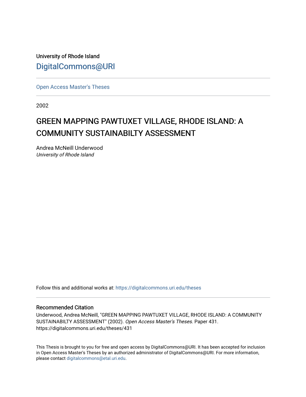 Green Mapping Pawtuxet Village, Rhode Island: a Community Sustainabilty Assessment