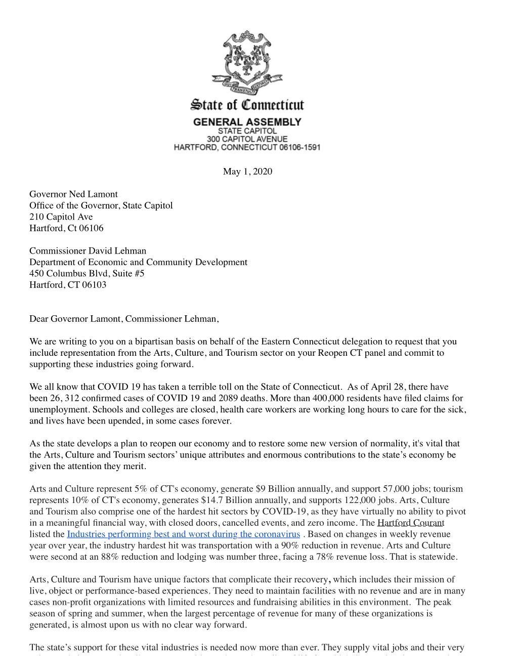 ACT Reopen Eastern CT Delegation Letter May 2020