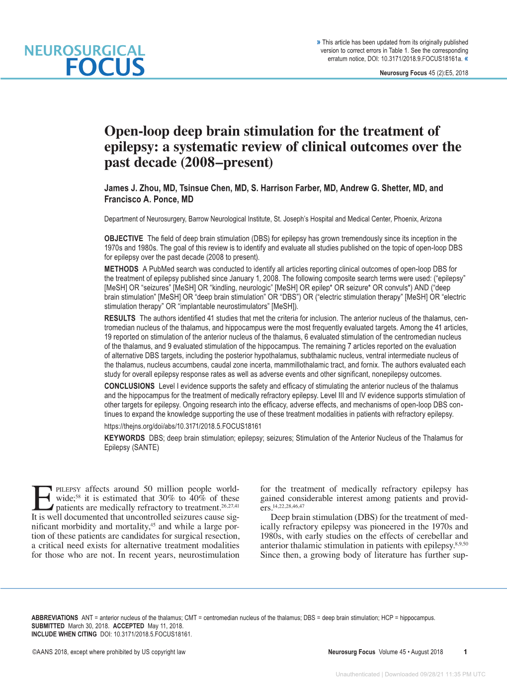 Open-Loop Deep Brain Stimulation for the Treatment of Epilepsy: a Systematic Review of Clinical Outcomes Over the Past Decade (2008–Present)