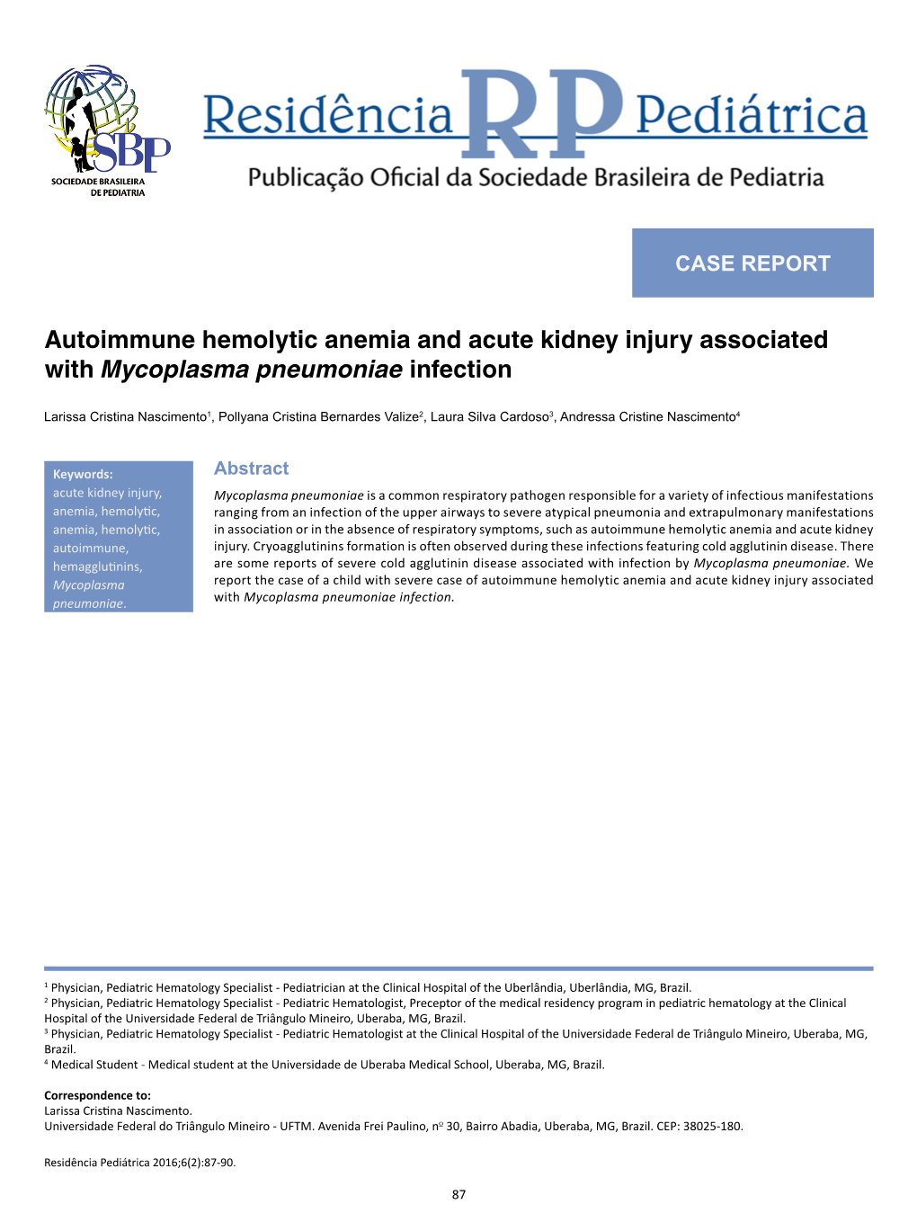 Autoimmune Hemolytic Anemia and Acute Kidney Injury Associated with Mycoplasma Pneumoniae Infection