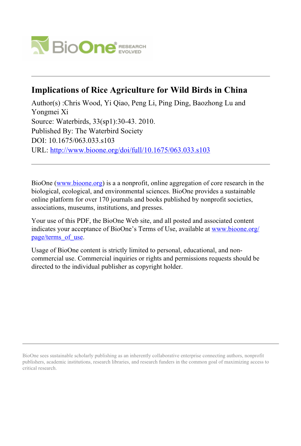 Implications of Rice Agriculture for Wild Birds in China
