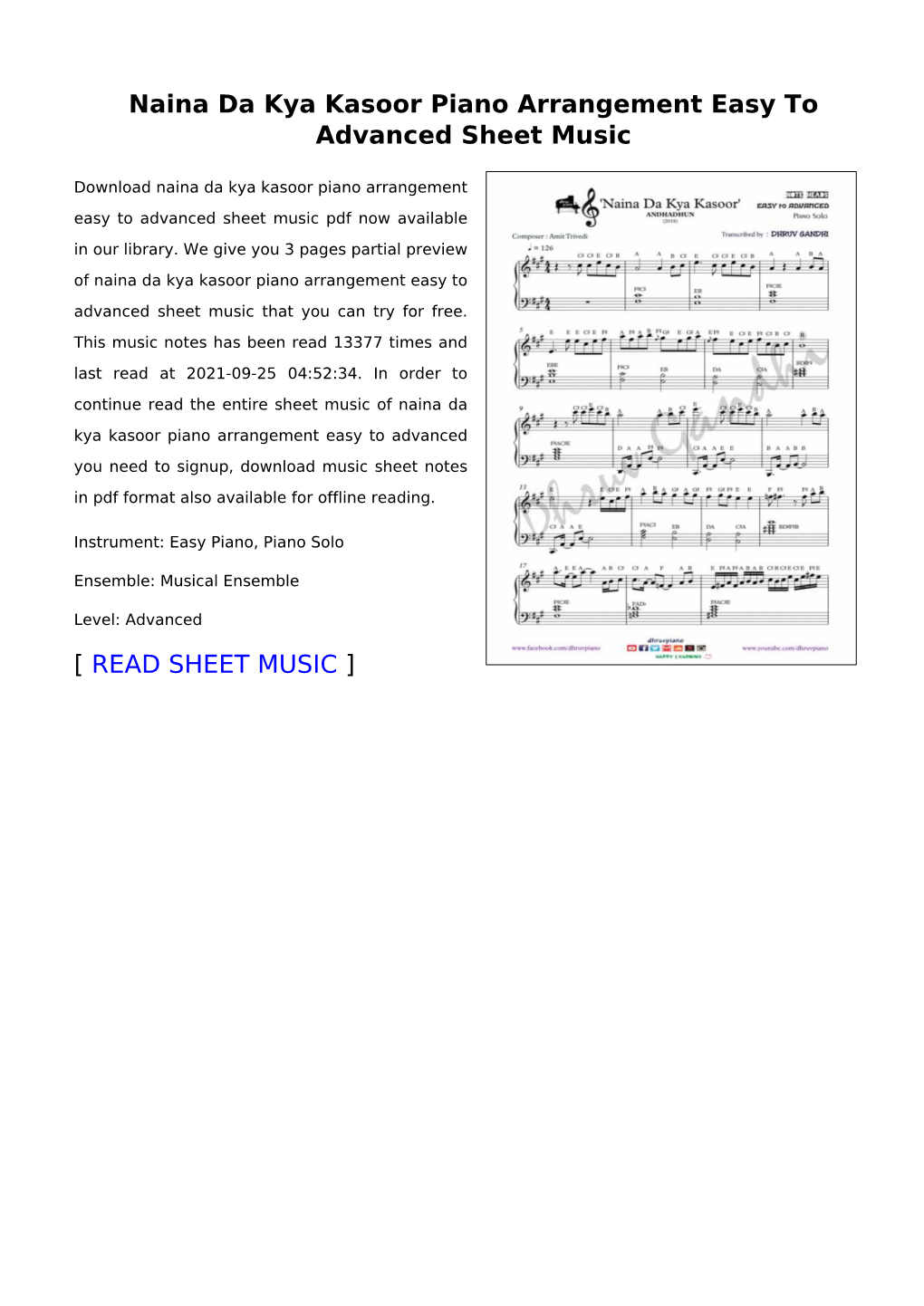 Sheet Music of Naina Da Kya Kasoor Piano Arrangement Easy to Advanced You Need to Signup, Download Music Sheet Notes in Pdf Format Also Available for Offline Reading