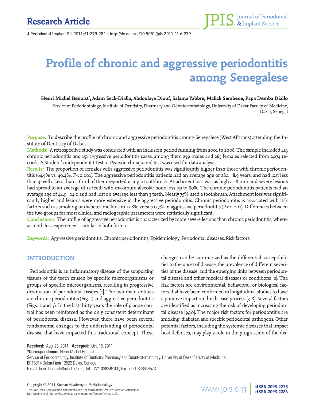 Profile of Chronic and Aggressive Periodontitis Among Senegalese