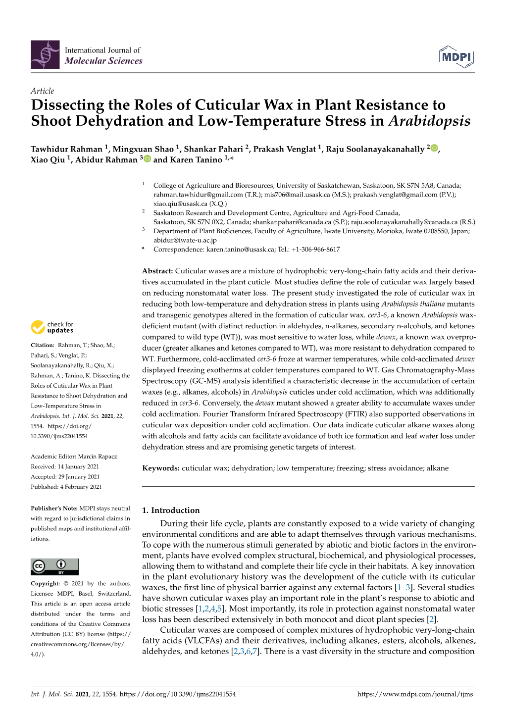 Dissecting the Roles of Cuticular Wax in Plant Resistance to Shoot Dehydration and Low-Temperature Stress in Arabidopsis