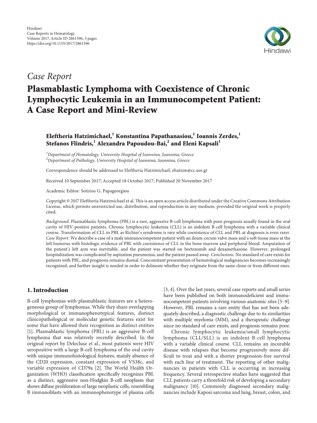 Case Report Plasmablastic Lymphoma with Coexistence of Chronic Lymphocytic Leukemia in an Immunocompetent Patient: a Case Report and Mini-Review