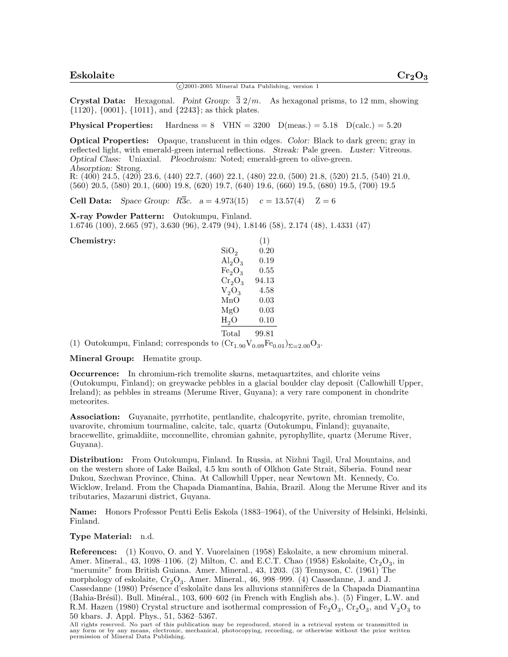 Eskolaite Cr2o3 C 2001-2005 Mineral Data Publishing, Version 1 Crystal Data: Hexagonal