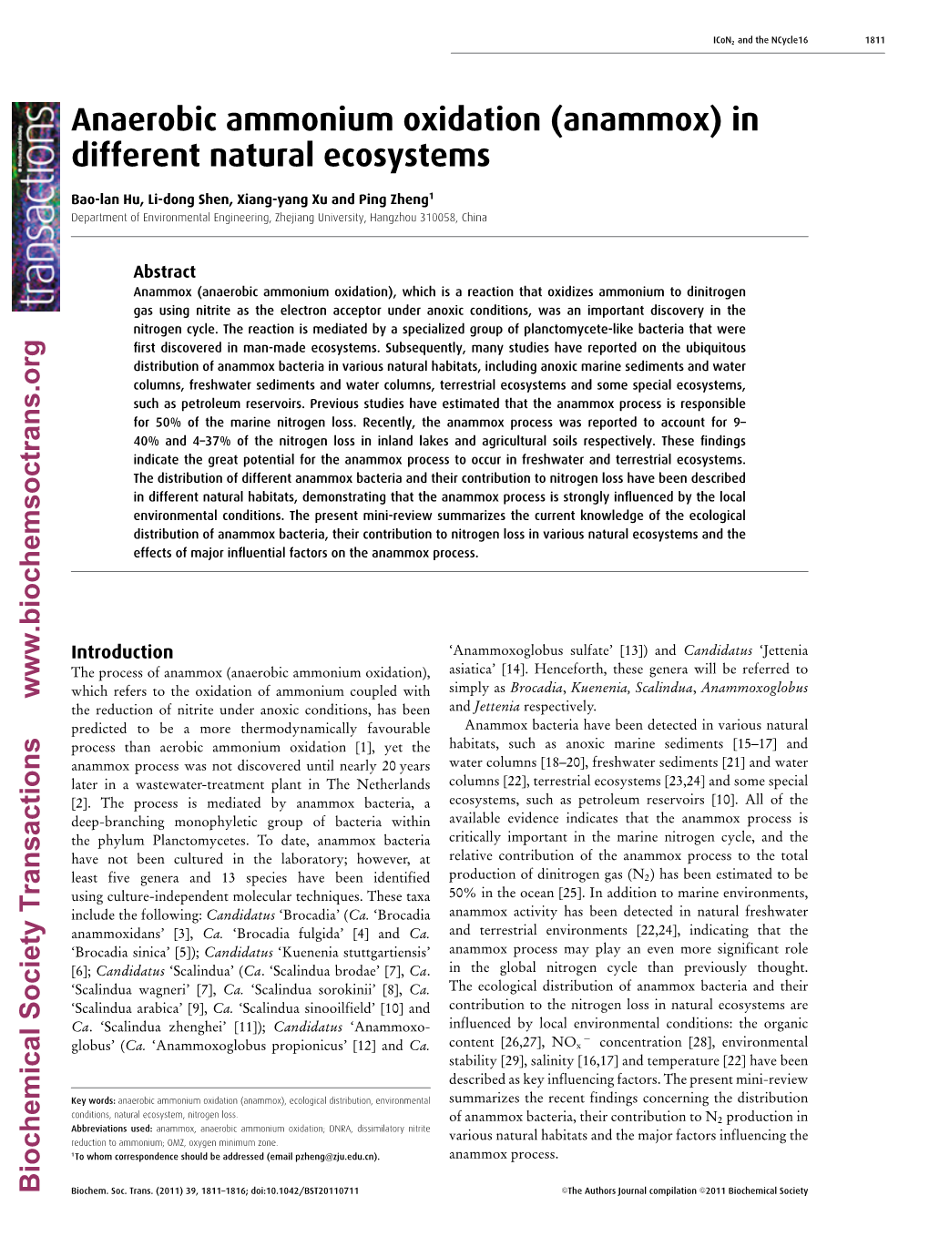 Anaerobic Ammonium Oxidation (Anammox) in Different Natural Ecosystems