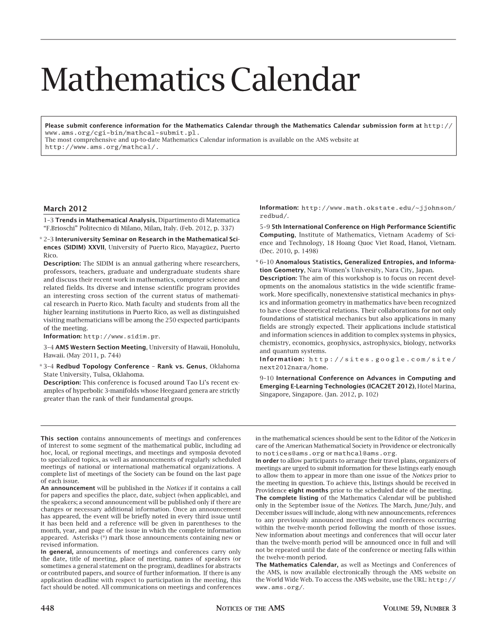 Mathematics Calendar