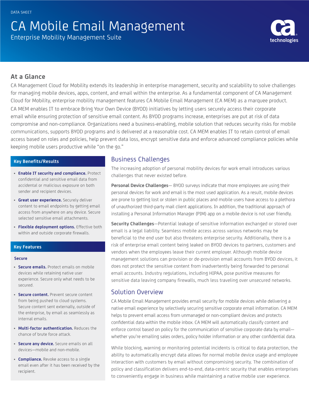 CA Mobile Email Management Enterprise Mobility Management Suite