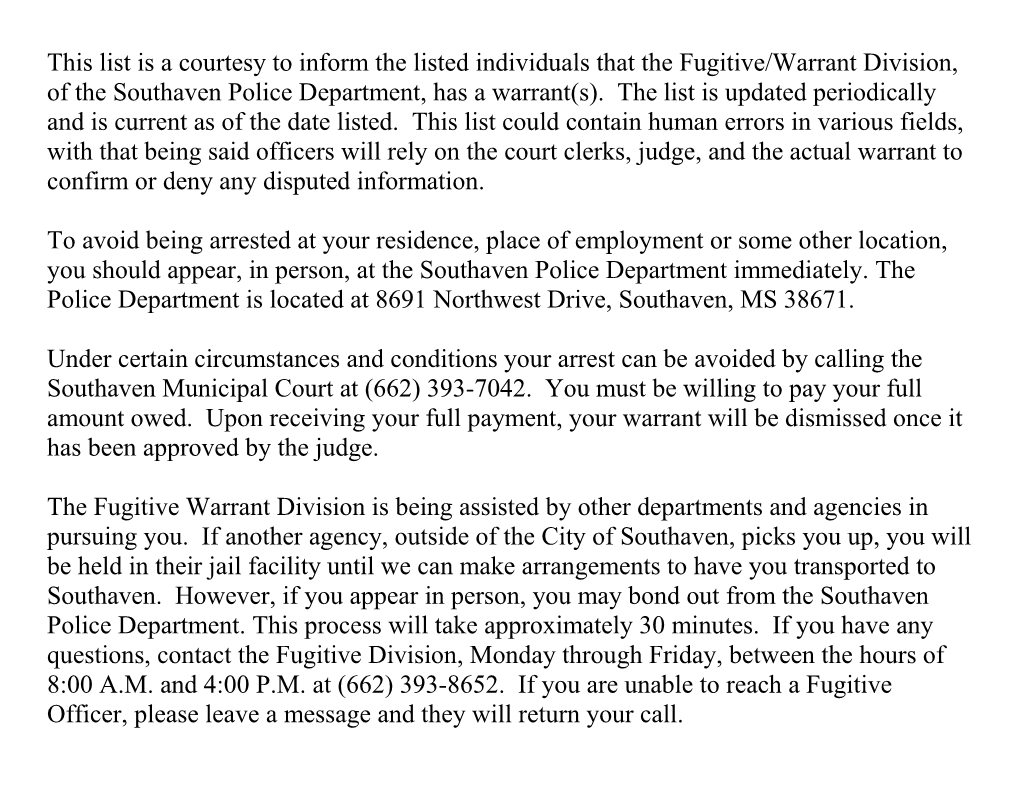 This List Is a Courtesy to Inform the Listed Individuals That the Fugitive/Warrant Division, of the Southaven Police Department, Has a Warrant(S)