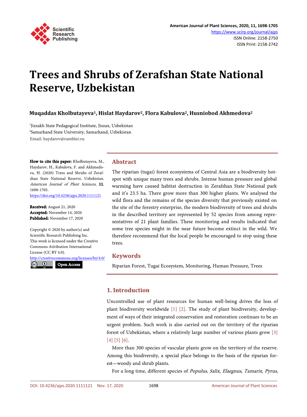 Trees and Shrubs of Zerafshan State National Reserve, Uzbekistan