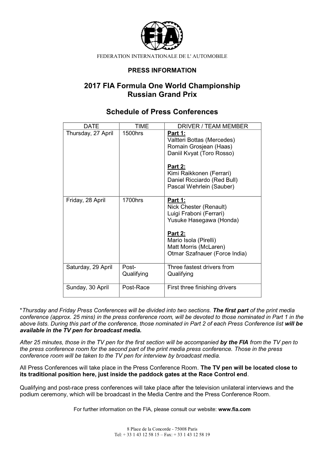 2017 FIA Formula One World Championship Russian Grand Prix Schedule of Press Conferences