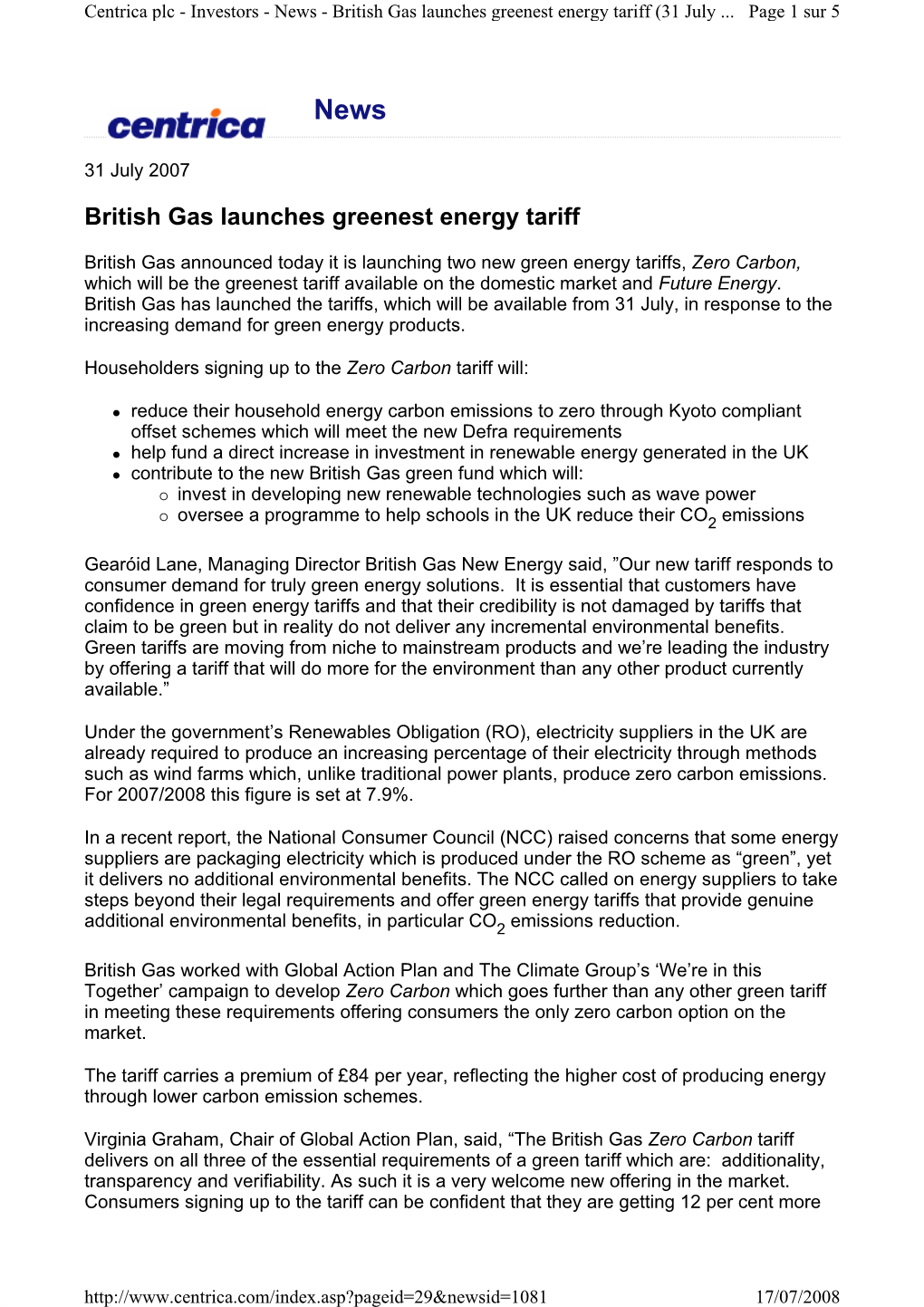 British Gas Launches Greenest Energy Tariff (31 July