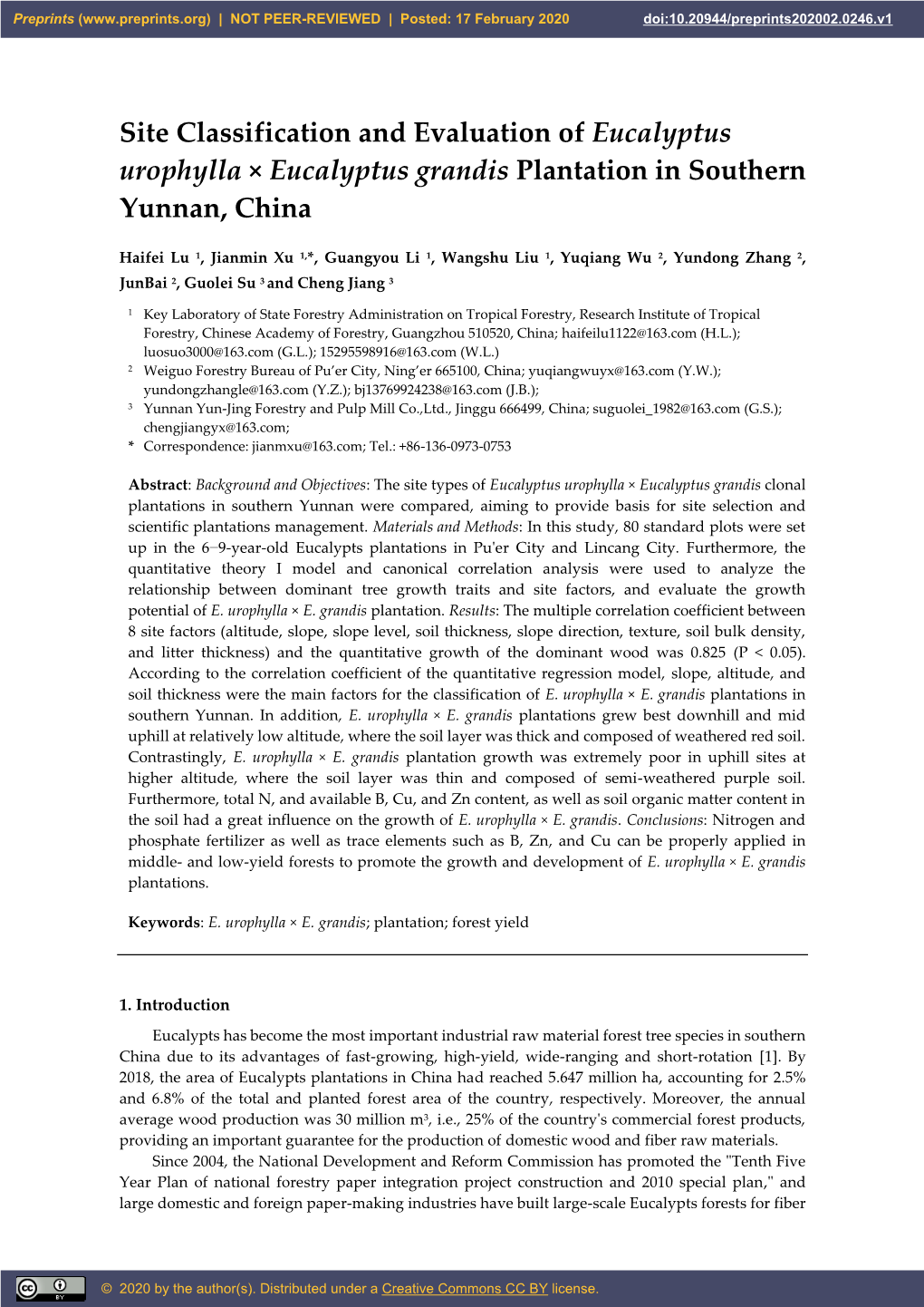 Site Classification and Evaluation of Eucalyptus Urophylla × Eucalyptus Grandis Plantation in Southern Yunnan, China