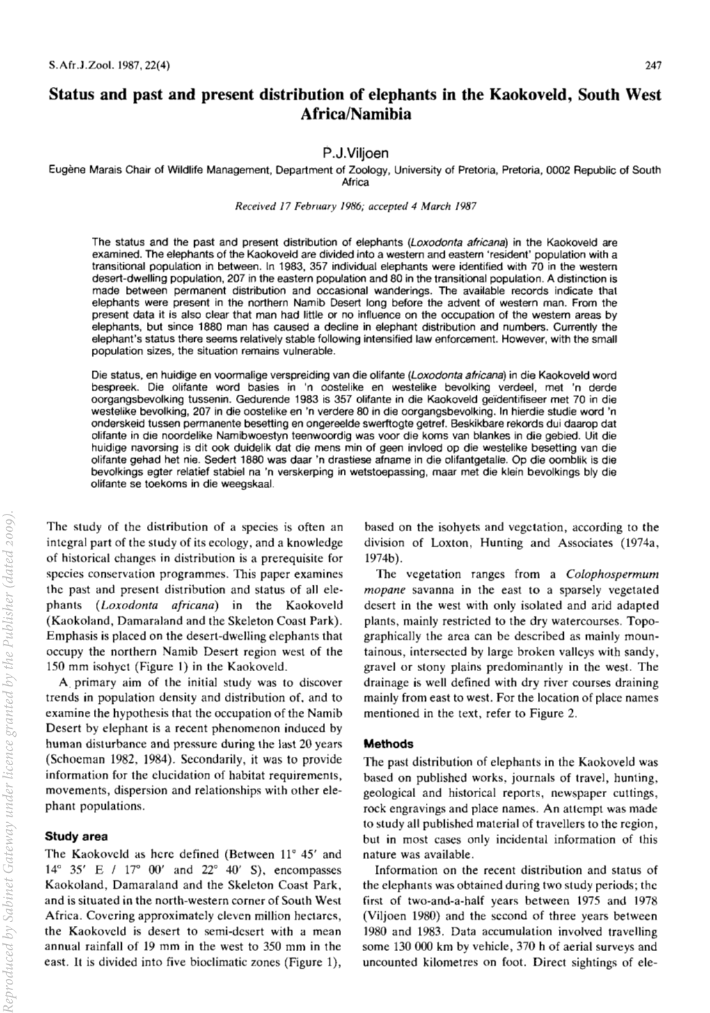 Status and Past and Present Distribution of Elephants in the Kaokoveld, South West Africa/Namibia