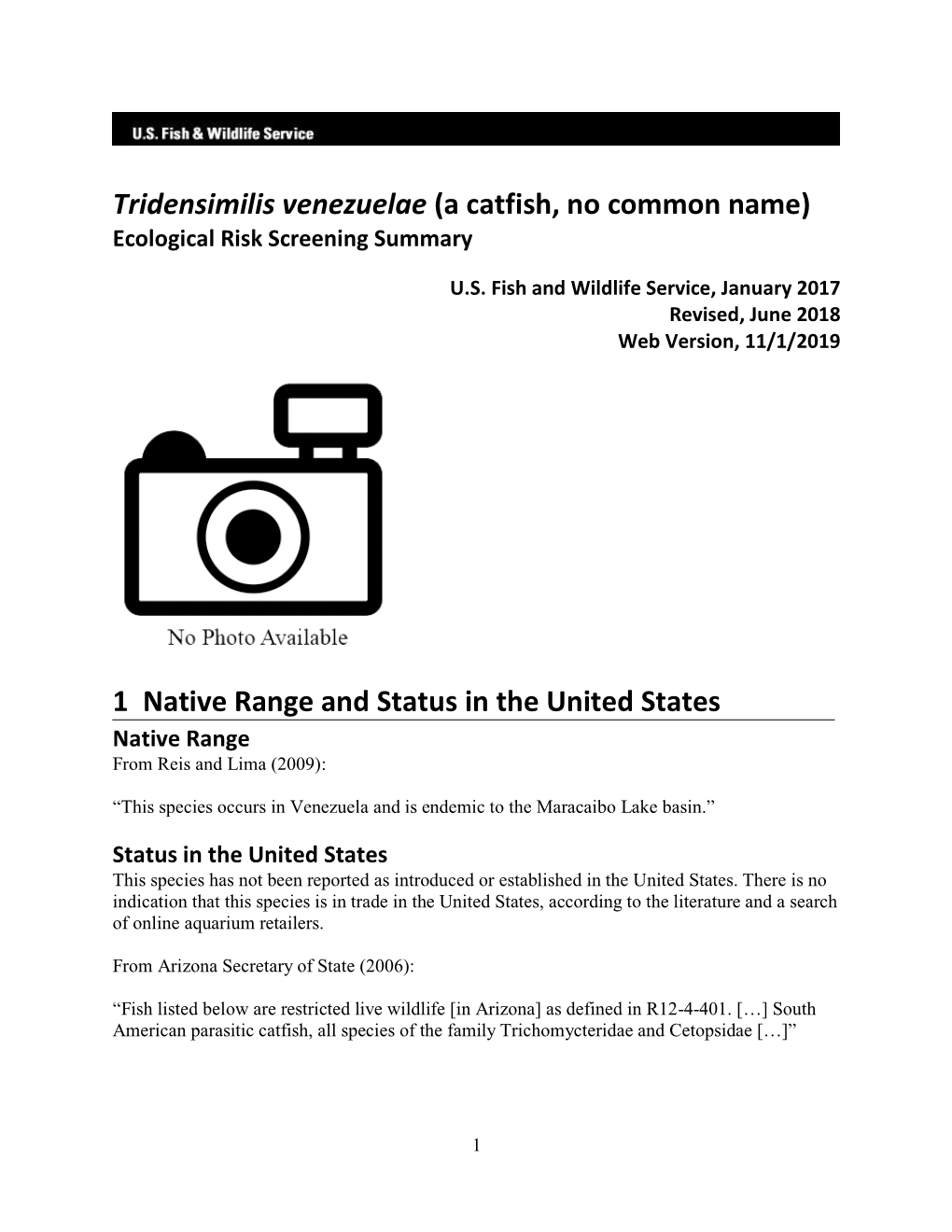 Tridensimilis Venezuelae (A Catfish, No Common Name) Ecological Risk Screening Summary