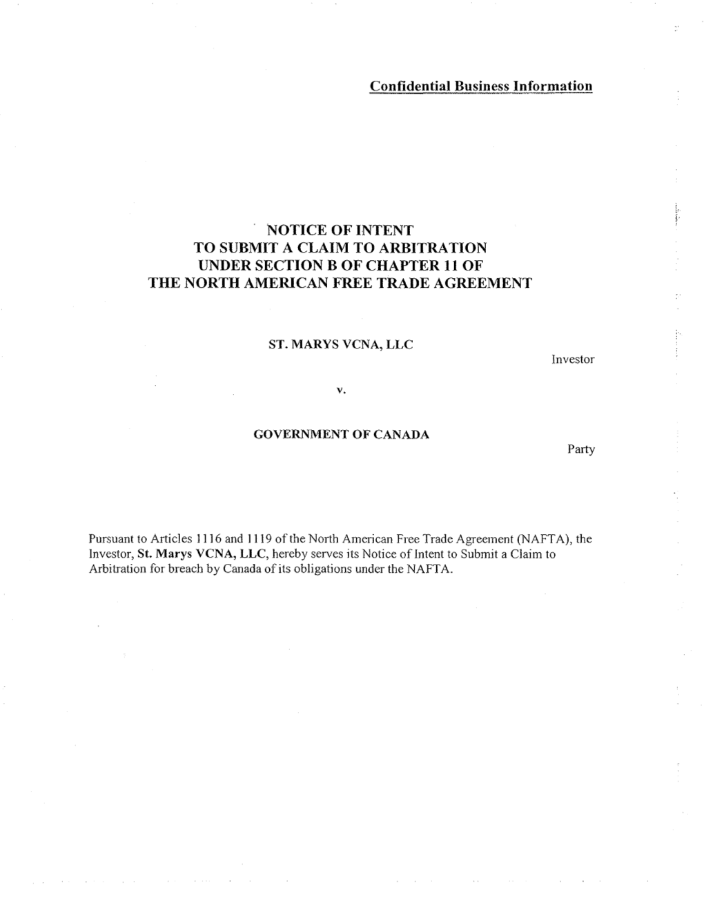 Notice of Intent to Submit a Claim to Arbitration Under Section B of Chapter 11 of Thenorthameidcanfreetradeagreement