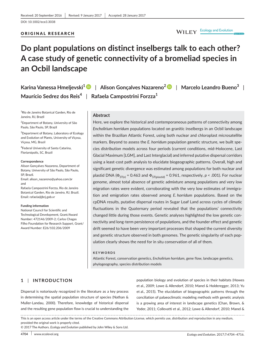 Do Plant Populations on Distinct Inselbergs Talk to Each Other? a Case Study of Genetic Connectivity of a Bromeliad Species in an Ocbil Landscape