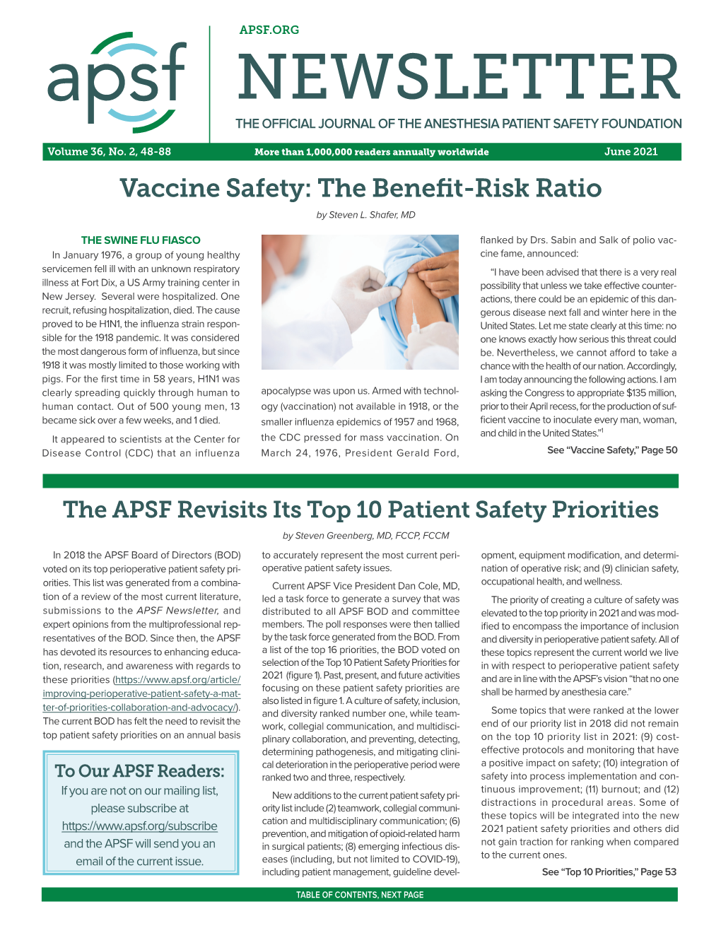 Newsletter the Official Journal of the Anesthesia Patient Safety Foundation
