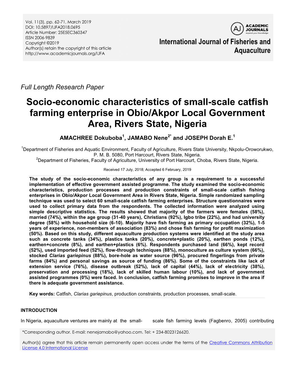 Socio-Economic Characteristics of Small-Scale Catfish Farming Enterprise in Obio/Akpor Local Government Area, Rivers State, Nigeria