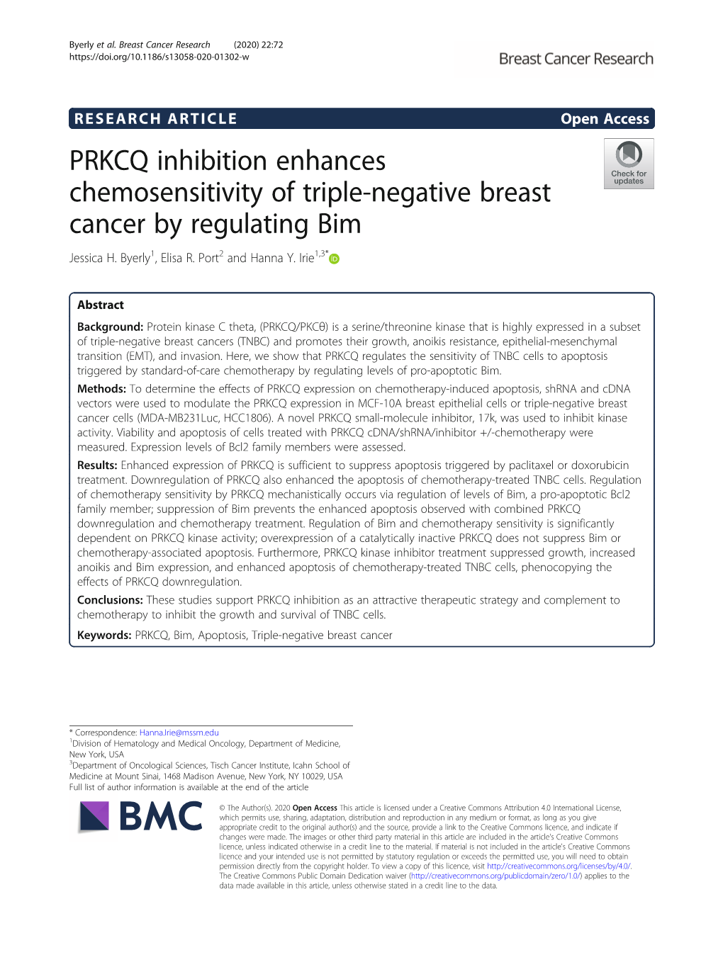 PRKCQ Inhibition Enhances Chemosensitivity of Triple-Negative Breast Cancer by Regulating Bim Jessica H