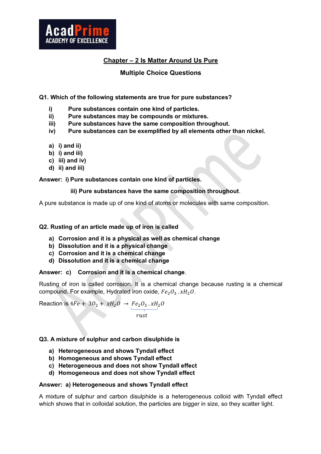 2 Is Matter Around Us Pure Multiple Choice Questions