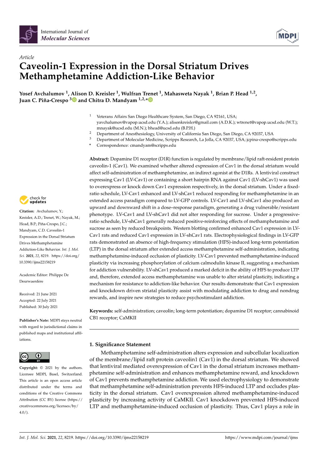 Caveolin-1 Expression in the Dorsal Striatum Drives Methamphetamine Addiction-Like Behavior