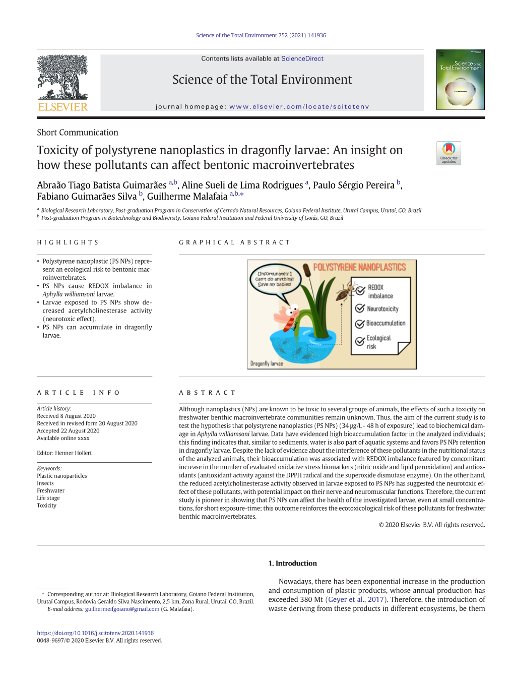 Toxicity of Polystyrene Nanoplastics in Dragonfly Larvae