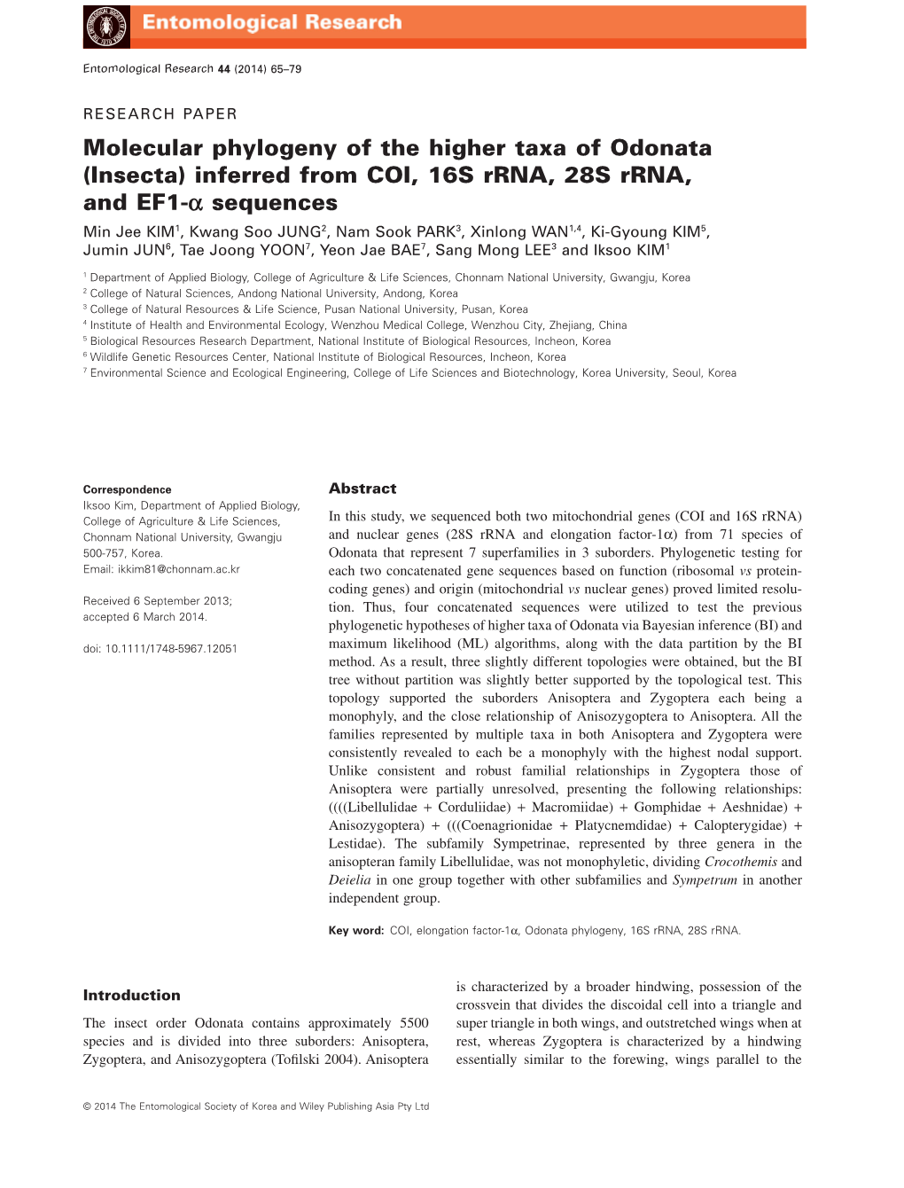 Molecular Phylogeny of the Higher Taxa of Odonata (Insecta) Inferred from COI, 16S Rrna, 28S Rrna, and EF1 Sequences