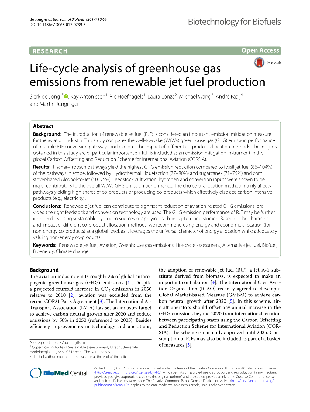 Life-Cycle Analysis of Greenhouse Gas Emissions from Renewable Jet Fuel