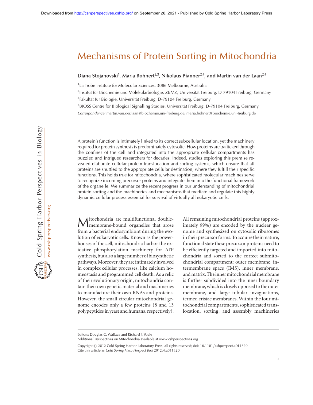 Mechanisms of Protein Sorting in Mitochondria