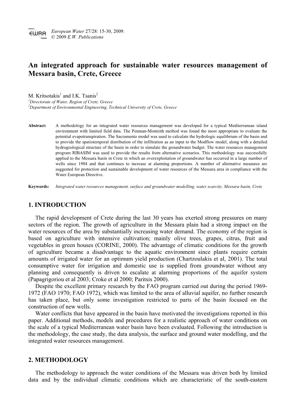 An Integrated Approach for Sustainable Water Resources Management of Messara Basin, Crete, Greece