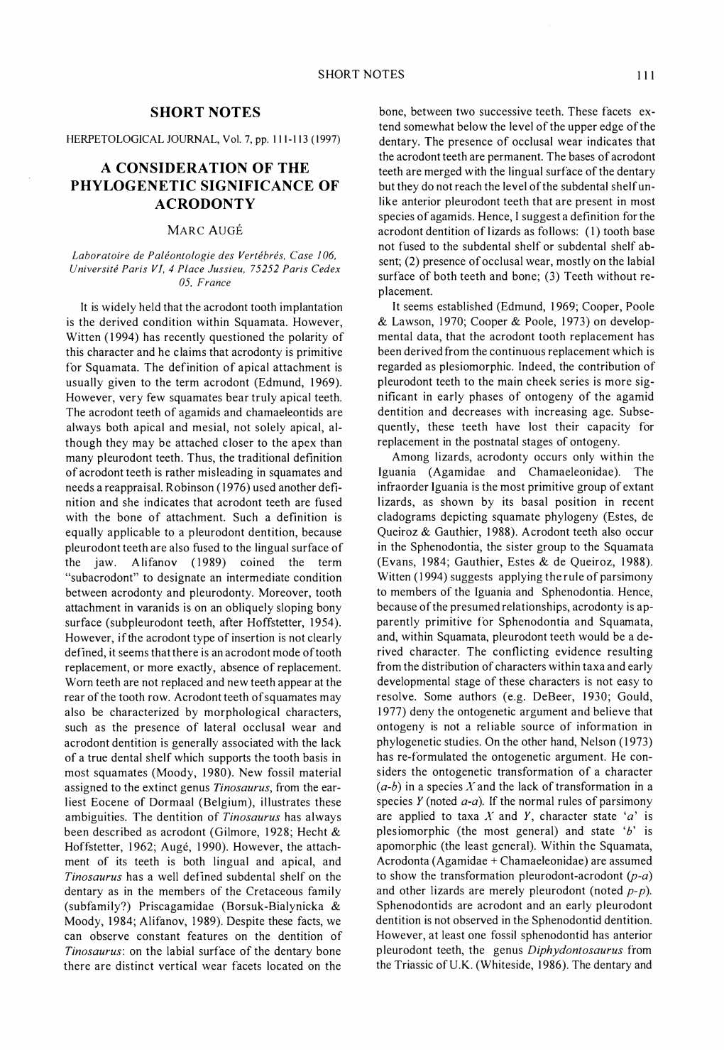 Short Notes a Consideration of the Phylogenetic